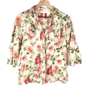 EDEN & Olivia Top Button Up Shirt Floral Roll Tab Sleeves Garden Party Small